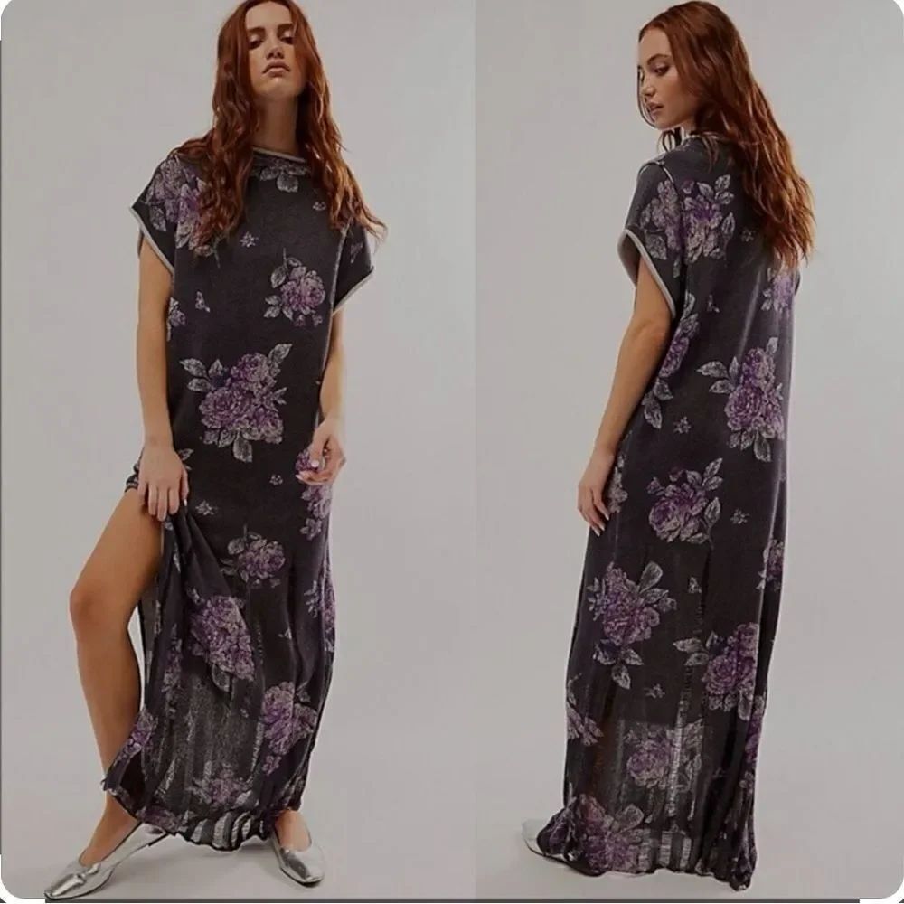 Free People Sweater Dress Sz XS Gray/ Purple Flowers Short Sleeve Knit NEW